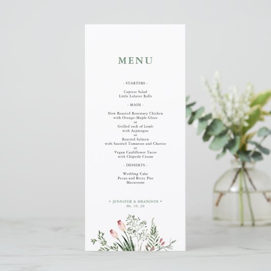 Greenery Waterverf Wedding Reception Menu Kaart (Staand voorkant)