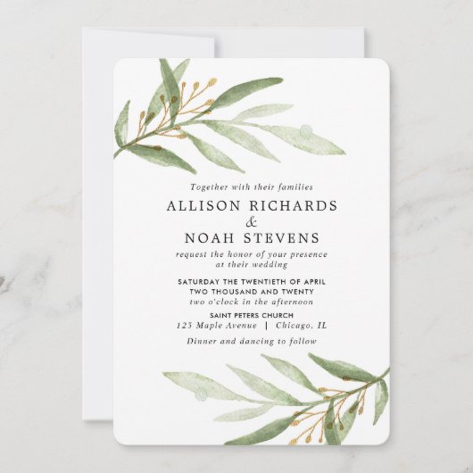 Greenery waterverven groene goudbladeren bruiloft kaart (Voorkant)