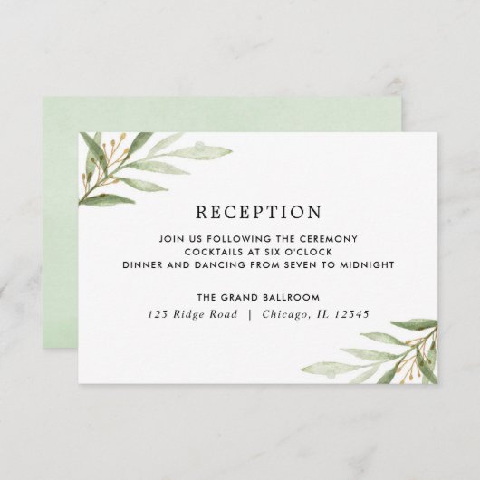 Greenery waterverven groene goudbladeren ontvangst informatiekaartje (Voorkant / Achterkant)