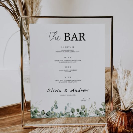 Greenery Wedding Bar Menu Sign Sjabloon Poster