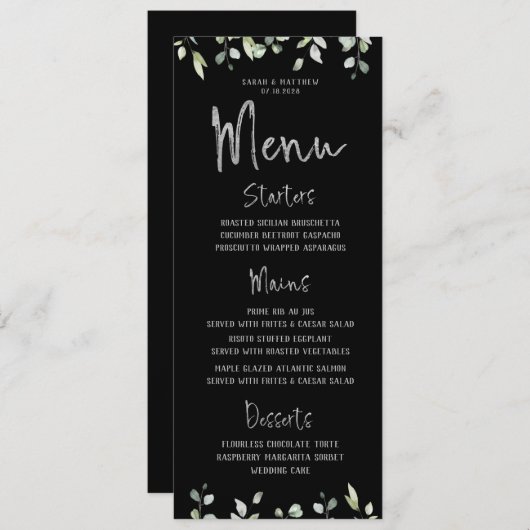 Greenery Wedding Black & Silver Calligraphy Menu (Voorkant / Achterkant)