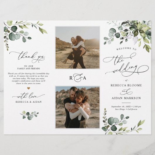 Greenery Wedding Ceremony Tri-Fold Program met fot (Voorkant)