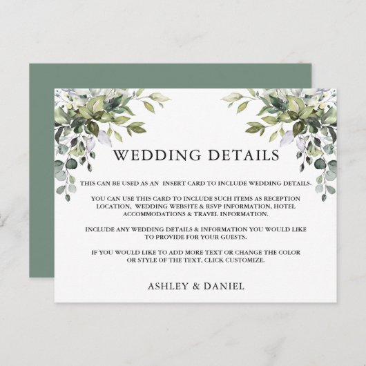 Greenery Wedding Details Sage Green Insert Card Briefkaart (Voorkant / Achterkant)