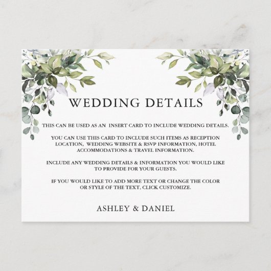 Greenery Wedding Details Sage Green Insert Card Briefkaart (Voorkant)