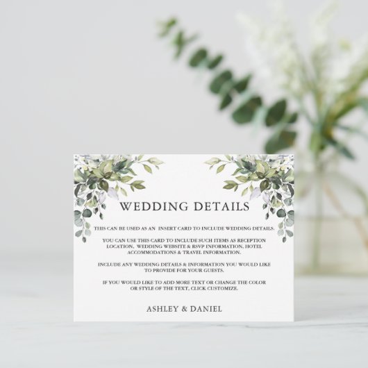 Greenery Wedding Details Sage Green Insert Card Briefkaart (Staand voorkant)