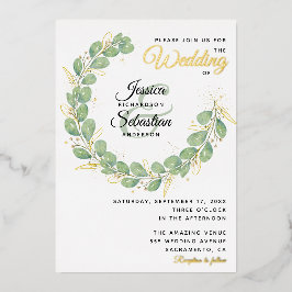 Greenery Wedding Gold White Eucalyptus Wreath Folie Uitnodiging