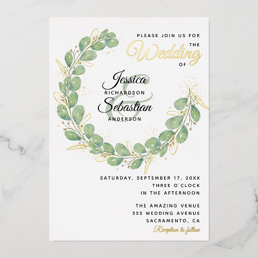 Greenery Wedding Gold White Eucalyptus Wreath Folie Uitnodiging (Voorkant)
