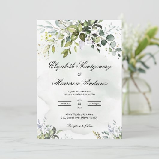 Greenery Wedding Invitation, Eucalyptus Wedding Kaart (Staand voorkant)