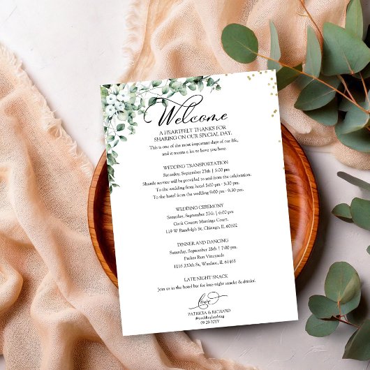 Greenery Wedding Itinerary - Wedding Welcome Kaart