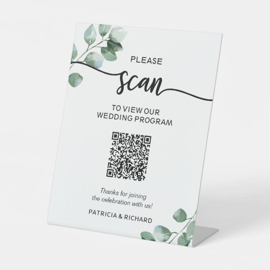 Greenery Wedding Program QR-code Reclamebord Met Voetstuk (Voorkant)
