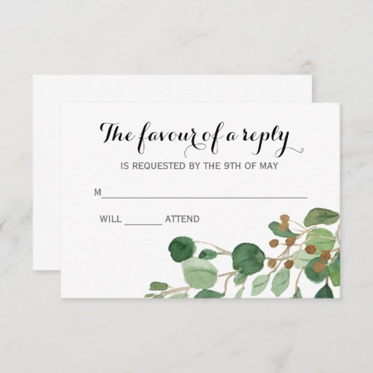 Greenery Wedding Response Cards Sjabloon (Voorkant / Achterkant)