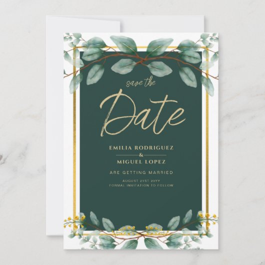 Greenery Wedding Save Date Green Gold Modern Kaart (Voorkant)