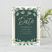 Greenery Wedding Save Date Green Gold Modern Kaart (Staand voorkant)