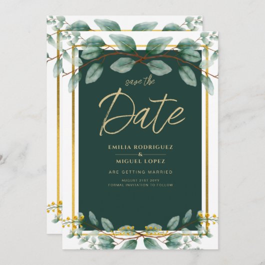 Greenery Wedding Save Date Green Gold Modern Kaart (Voorkant / Achterkant)