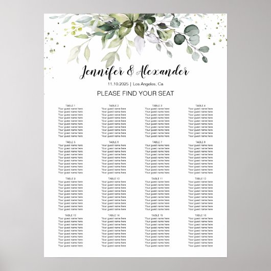 Greenery Wedding Seating Chart Poster (Voorkant)