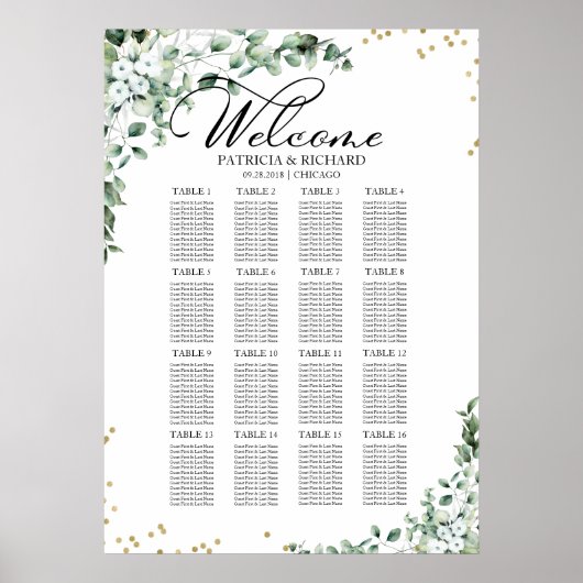 Greenery Wedding Seating Chart Poster (Voorkant)