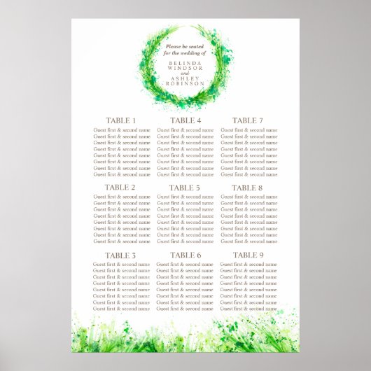 Greenery Wedding Seating Table Planner 1-9 tafels Poster (Voorkant)