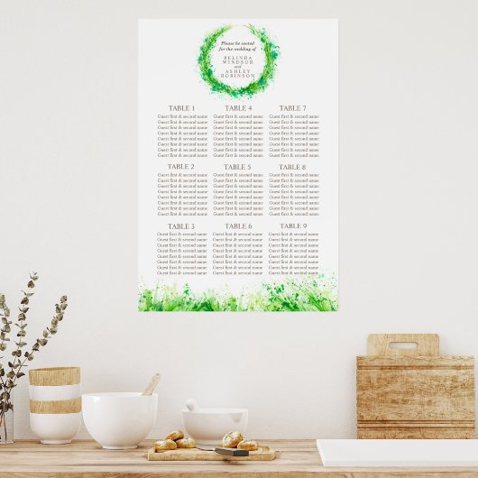 Greenery Wedding Seating Table Planner 1-9 tafels Poster (Keuken)