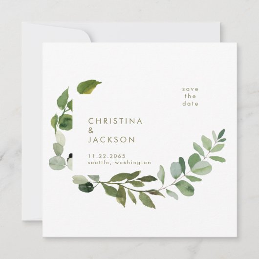 Greenery Wedding Square Sla de datum op Gouden tek Save The Date (Voorkant)
