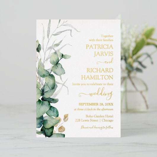 Greenery Wedding Waterverf Eucalyptus Folie Uitnodiging (Staand Voorkant)