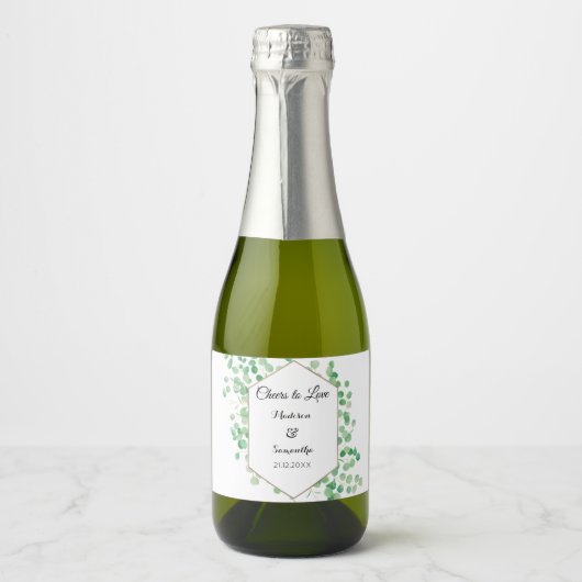 Greenery Wedding Waterverf White Green Mini Sparkling Wijnetiket (Voorkant)