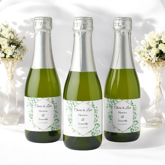 Greenery Wedding Waterverf White Green Mini Sparkling Wijnetiket
