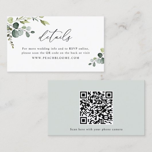 Greenery Wedding Website QR Code Details Card Visitekaartje (Voorkant / Achterkant)