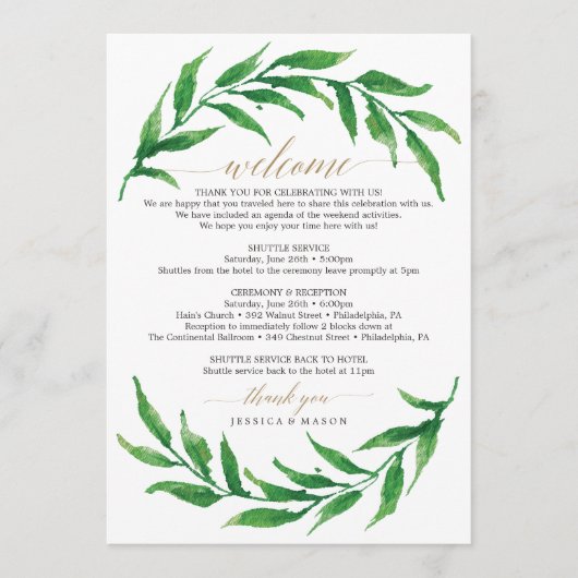 Greenery Wedding Welcome Itinerary Letter Programmakaart (Voorkant)