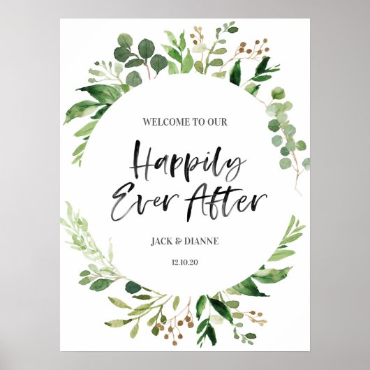 Greenery Wedding Welcome Sign. Gelukkig ooit na Poster (Voorkant)