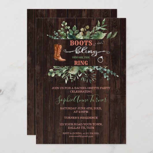 Greenery Westerne Boots & Bling Bachelorette Party Kaart (Voorkant / Achterkant)