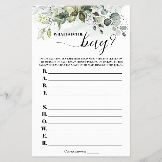 Greenery What in the Bag Baby shower Game Flyer (Voorkant)