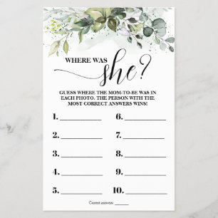 Greenery Where was mama to Baby shower Game Kaart