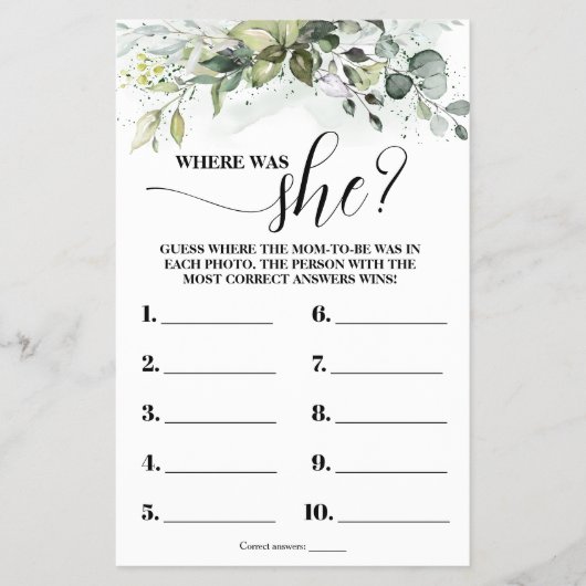 Greenery Where was mama to Baby shower Game Kaart (Voorkant)