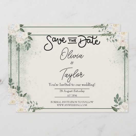 Greenery Whimsical Save The Date Invitation Kaart (Voorkant / Achterkant)