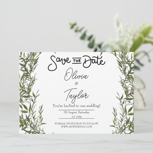 Greenery Whimsical Save the Date Uitnodiging (Staand voorkant)