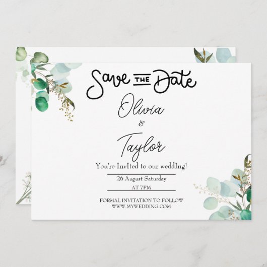 Greenery Whimsical Save the Date Uitnodiging (Voorkant / Achterkant)