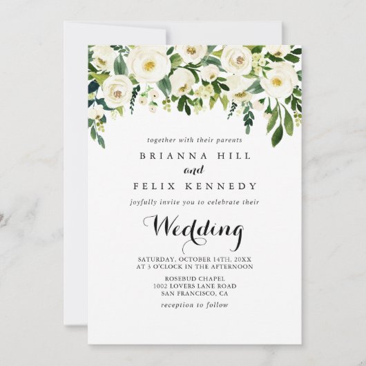 Greenery White Autumn Floral Front & Back Wedding Kaart (Voorkant)