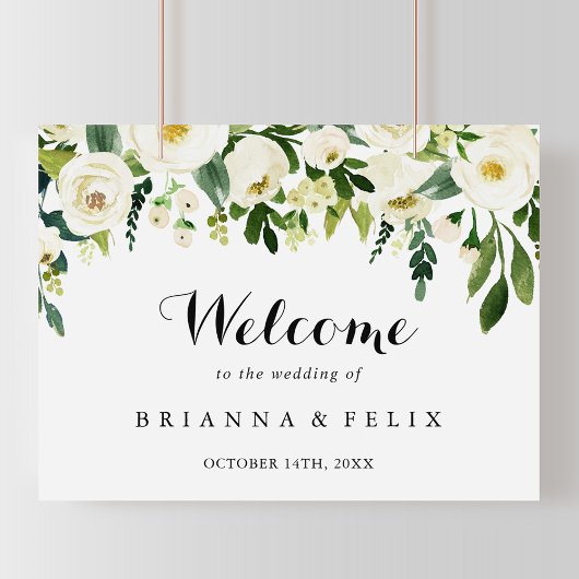 Greenery White Autumn Floral Wedding Welcome Sign Poster