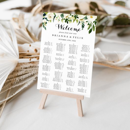 Greenery White Floral Alfabetical Seating Chart Poster
