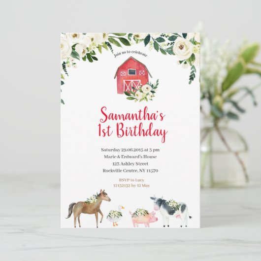 Greenery White Floral Boerderij 1st Birthday Invit Kaart (Staand voorkant)