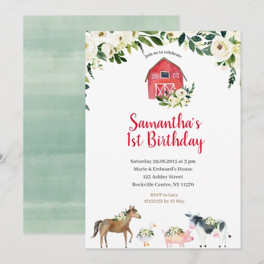 Greenery White Floral Boerderij 1st Birthday Invit Kaart (Voorkant / Achterkant)