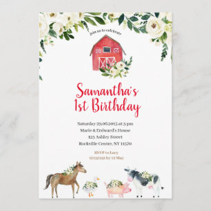 Greenery White Floral Boerderij 1st Birthday Invit Kaart