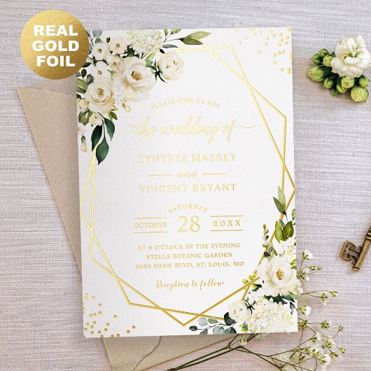Greenery White Floral Geometric Wedding Real Gold Folie Uitnodiging