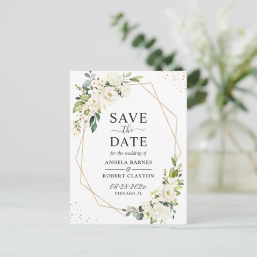 Greenery White Floral Gold Geometric Save the Date Briefkaart (Staand voorkant)