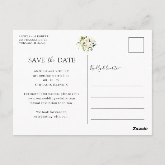 Greenery White Floral Gold Geometric Save the Date Briefkaart (Achterkant)