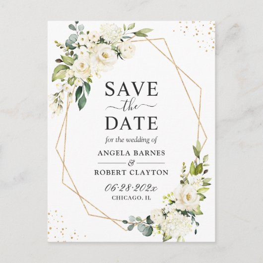 Greenery White Floral Gold Geometric Save the Date Briefkaart (Voorkant)