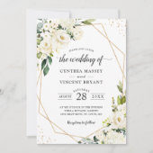 Greenery White Floral Gold Geometric Wedding Kaart (Voorkant)