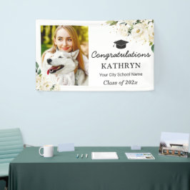 Greenery White Floral Graduation Party Afstudeerde Spandoek