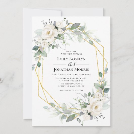 Greenery white floral lijst bruiloft-uitnodiging kaart (Voorkant)