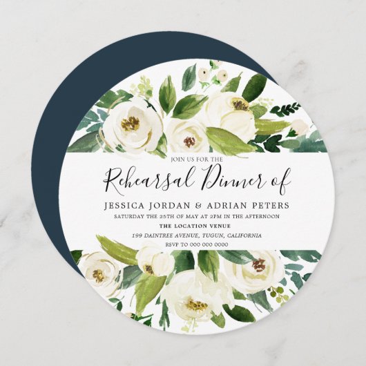Greenery White Floral Rehearsal Dinner Invitation Kaart (Voorkant / Achterkant)